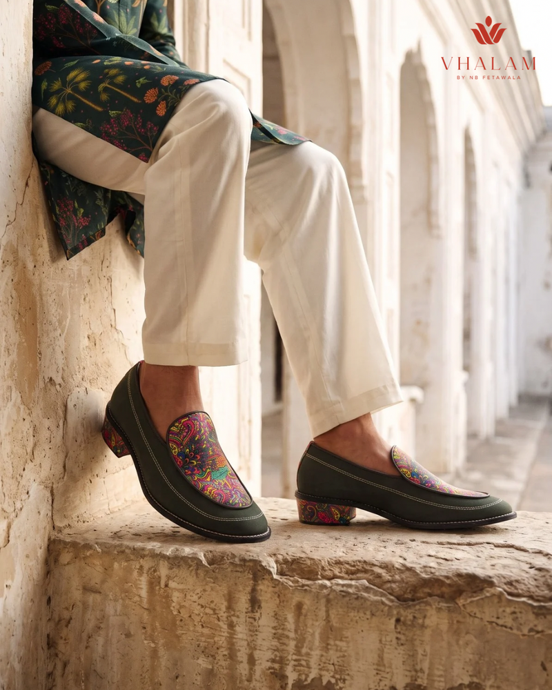 Handcrafted Maharaja Printed Green Wedding Loafers