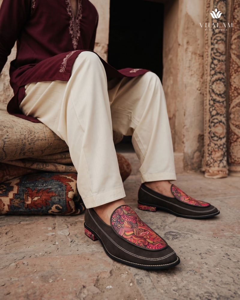 Handcrafted Maharaja Printed Maroon Wedding Loafers