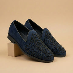 Kingfisher Midnight Suede Hand-Beaded Vertical Lace Loafers