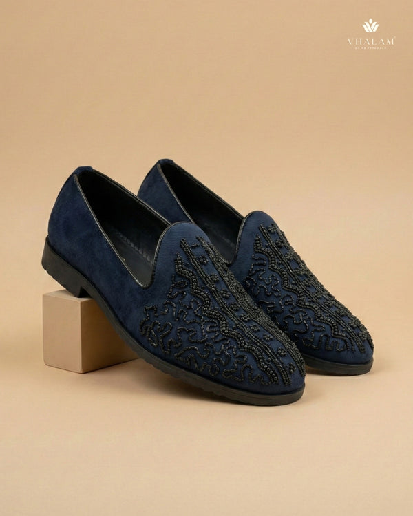 Kingfisher Midnight Suede Hand-Beaded Vertical Lace Loafers