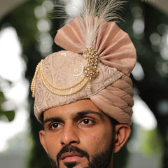 Pestle Peach Embroidered Groom Turban with Pearls