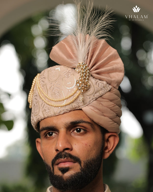 Pestle Peach Embroidered Groom Turban with Pearls