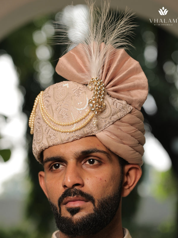 Pestle Peach Embroidered Groom Turban with Pearls