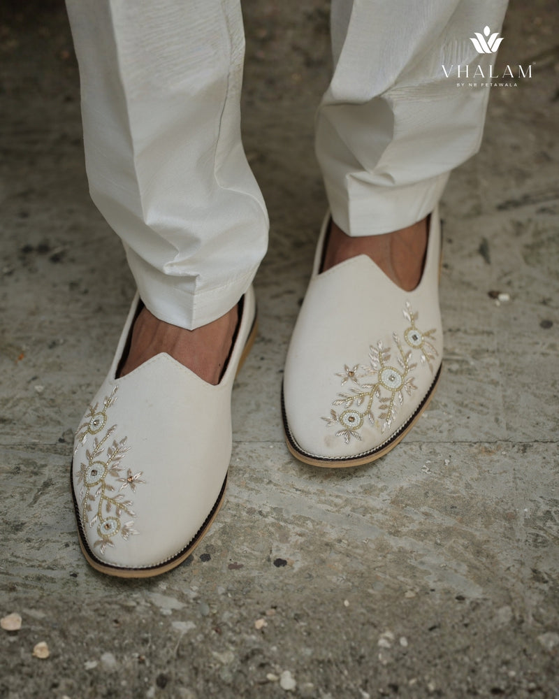Handmade Ivory Buff Velvet Groom Jutti with Exquisite Handwork