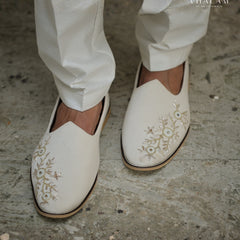 Handmade Ivory Buff Velvet Groom Jutti with Exquisite Handwork