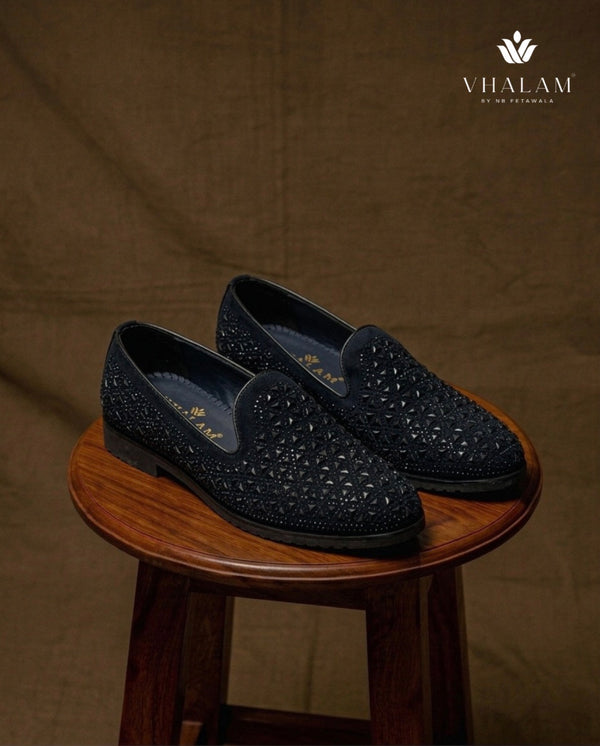 Starling Midnight Black Suede Hand-Beaded Triangular Motif Loafers