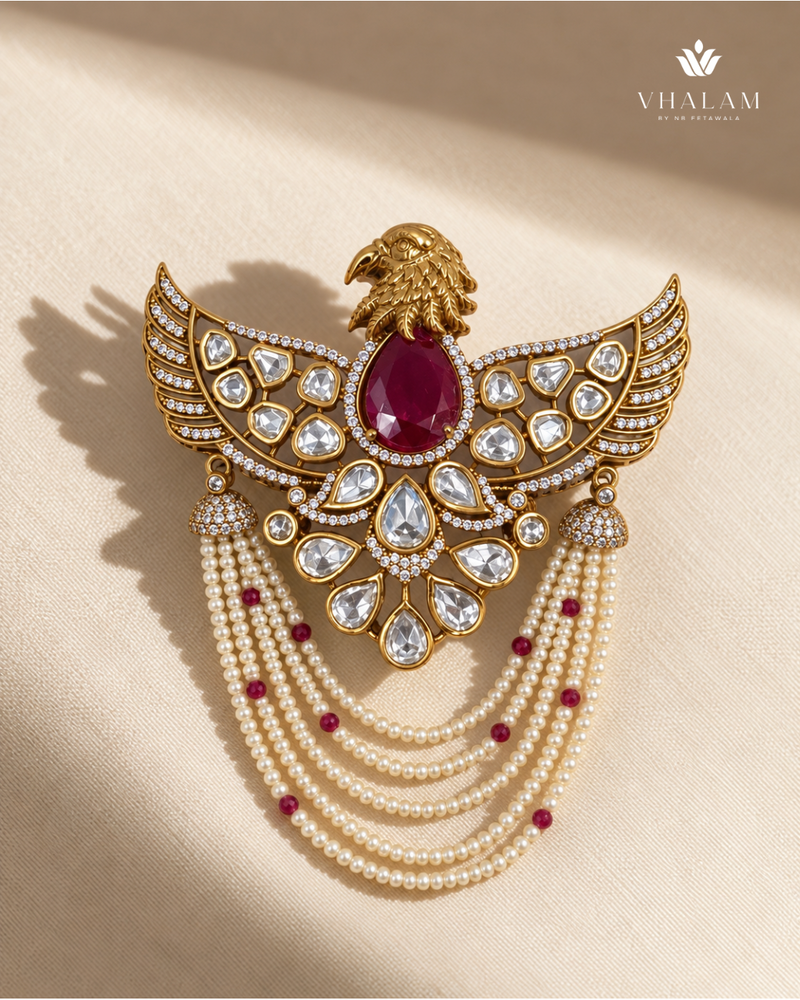 Garuda Ruby Pink Emerald Pearl Suit Brooch