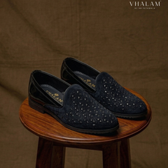 Starling Midnight Black Suede Hand-Beaded Triangular Motif Loafers