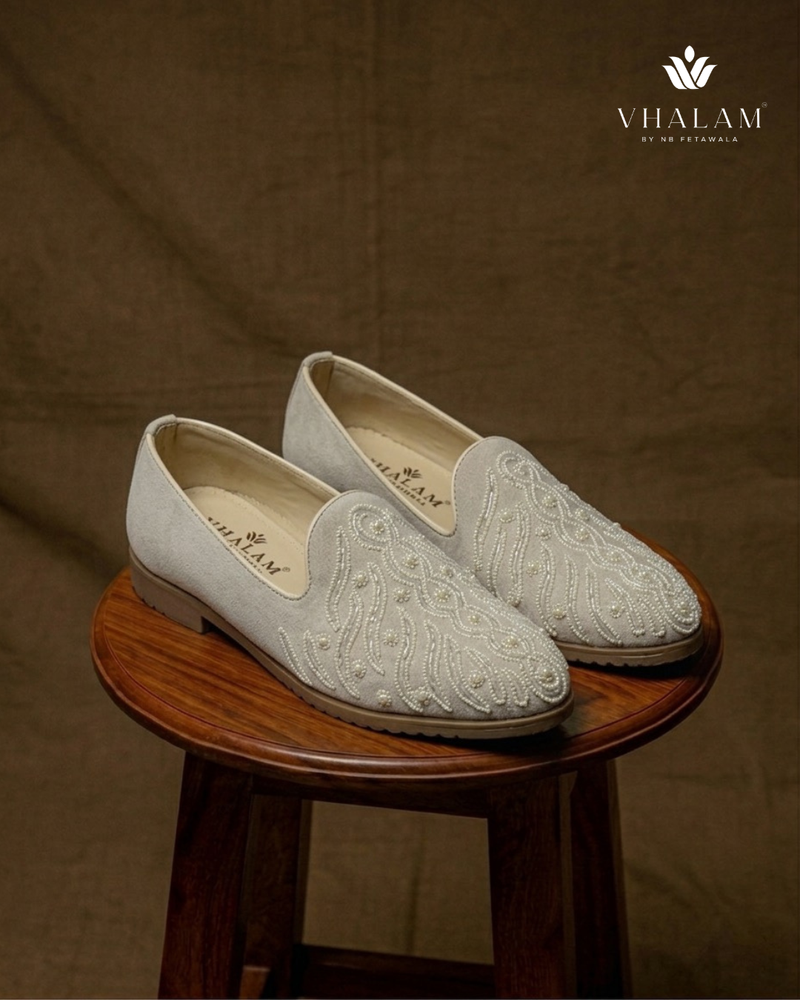 Egret Pearl-Encrusted Swirl Motif Suede Loafers