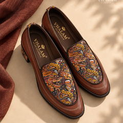 Handcrafted Maharaja Printed Brown Wedding Loafers