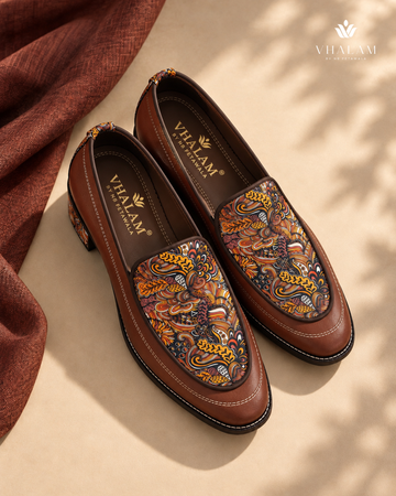 Handcrafted Maharaja Printed Brown Wedding Loafers