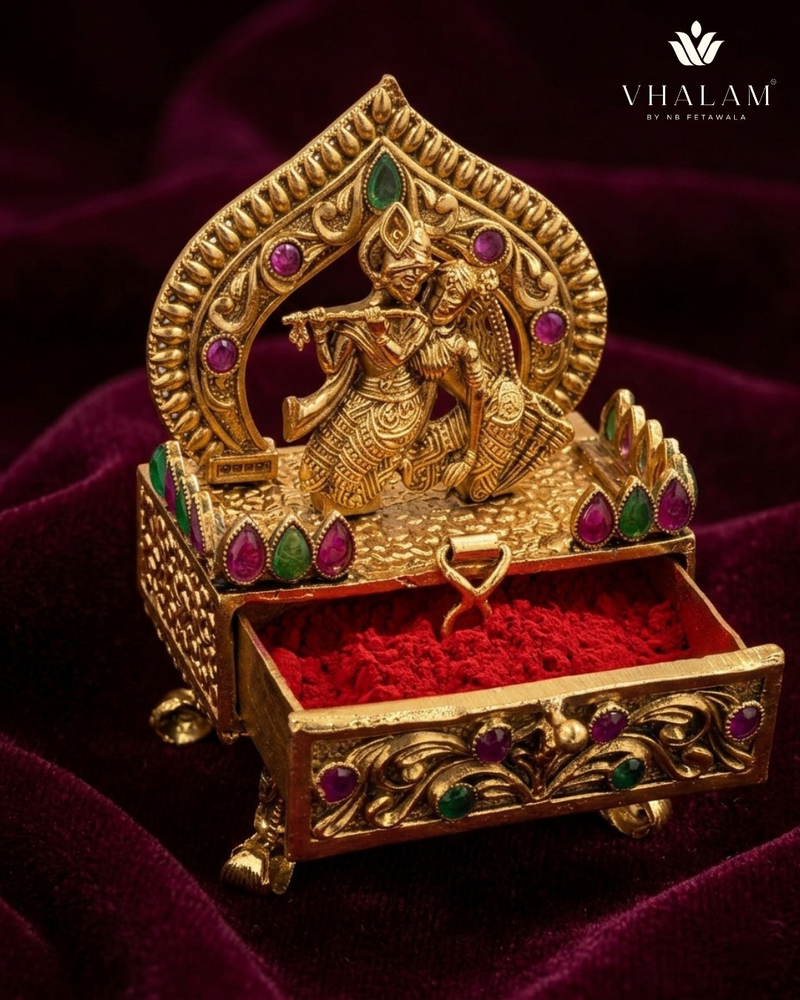 Premium Radha Krishna Brass Kumkum Box – Ornamental Sindoor Dibbi for Pooja Decor