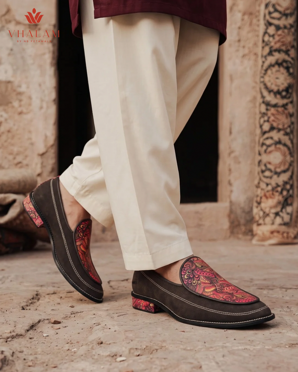 Handcrafted Maharaja Printed Maroon Wedding Loafers