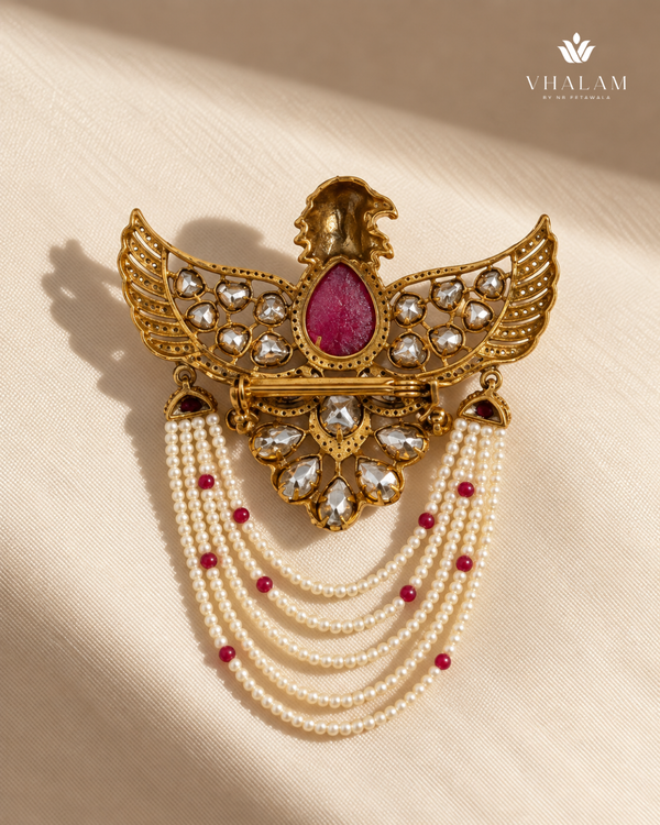 Garuda Ruby Pink Emerald Pearl Suit Brooch