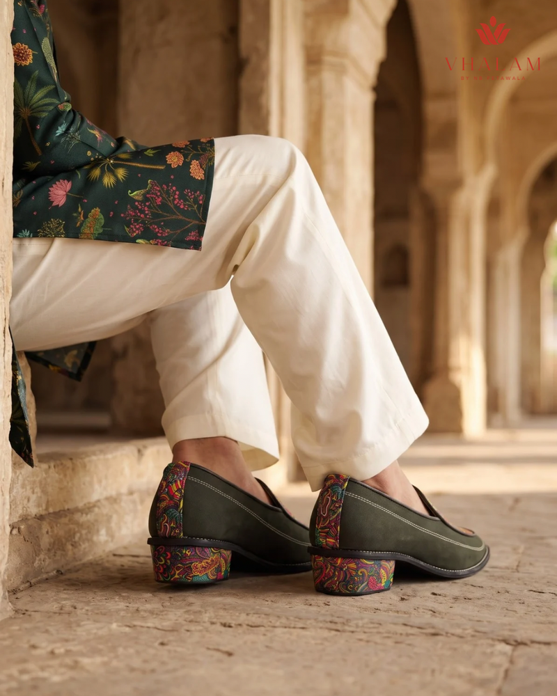 Handcrafted Maharaja Printed Green Wedding Loafers