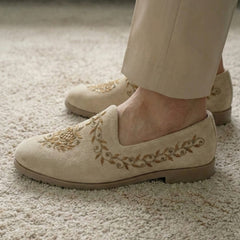 Beige Goldfinch Suede Loafer – Hand-Embroidered Gold Zari Wedding Jutti