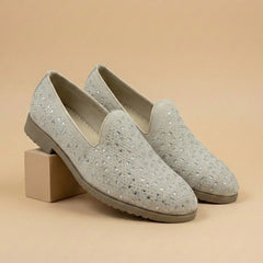 Ivory Starling Suede Loafer – Geometric Crystal Studded Wedding Loafer
