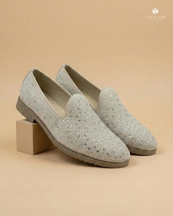 Ivory Starling Suede Loafer – Geometric Crystal Studded Wedding Loafer
