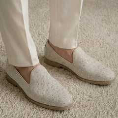 Ivory Starling Suede Loafer – Geometric Crystal Studded Wedding Loafer