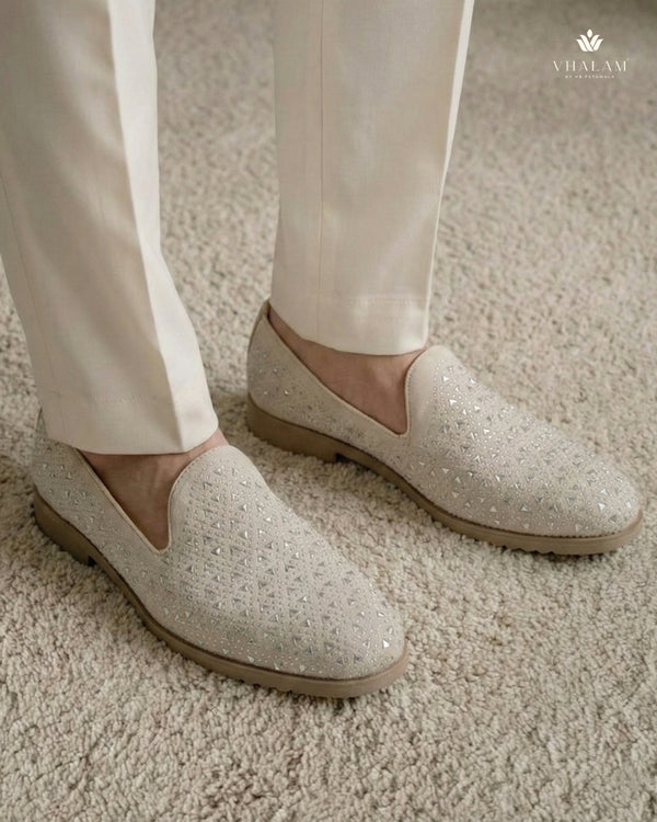 Ivory Starling Suede Loafer – Geometric Crystal Studded Wedding Loafer