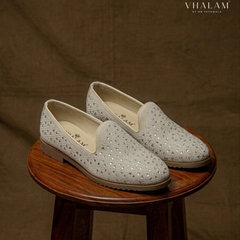 Ivory Starling Suede Loafer – Geometric Crystal Studded Wedding Loafer