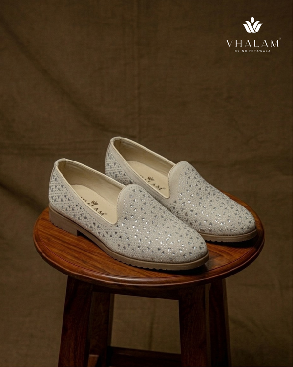 Ivory Starling Suede Loafer – Geometric Crystal Studded Wedding Loafer