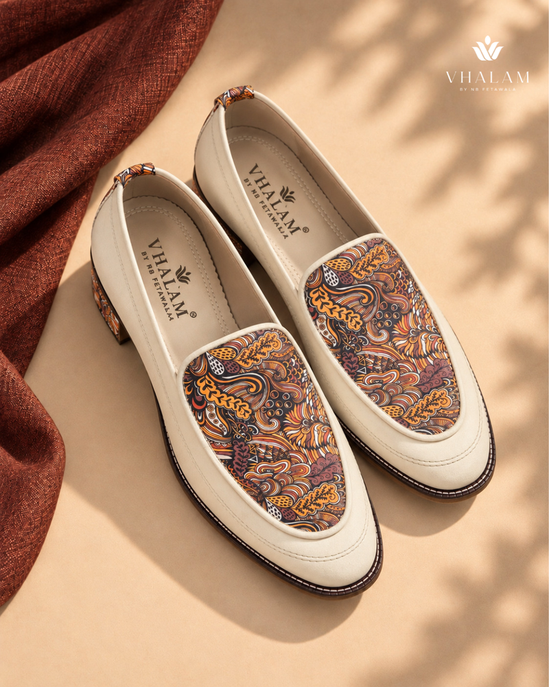 Handcrafted Maharaja Printed Cream Wedding Loafers
