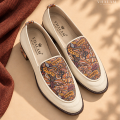 Handcrafted Maharaja Printed Cream Wedding Loafers