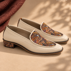 Handcrafted Maharaja Printed Cream Wedding Loafers