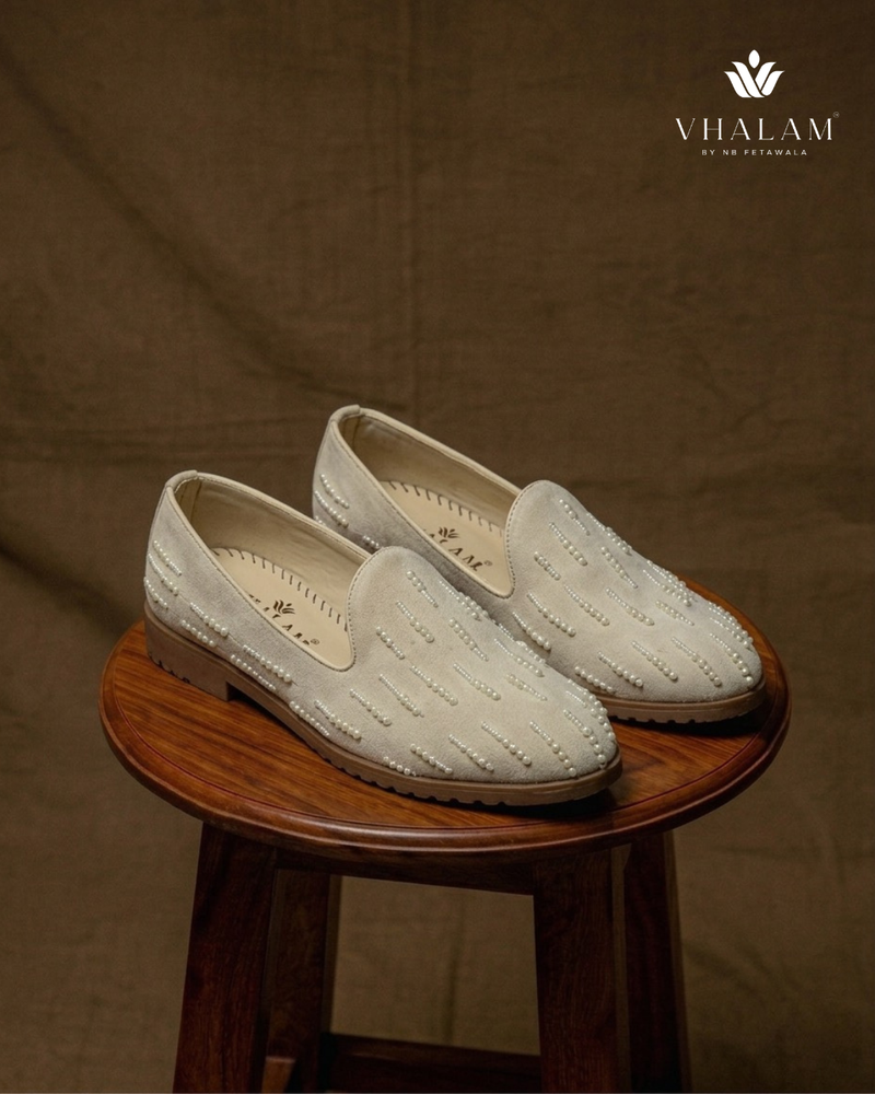 Dove Pearl-Encrusted Ivory Suede Loafers