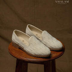 Dove Pearl-Encrusted Ivory Suede Loafers