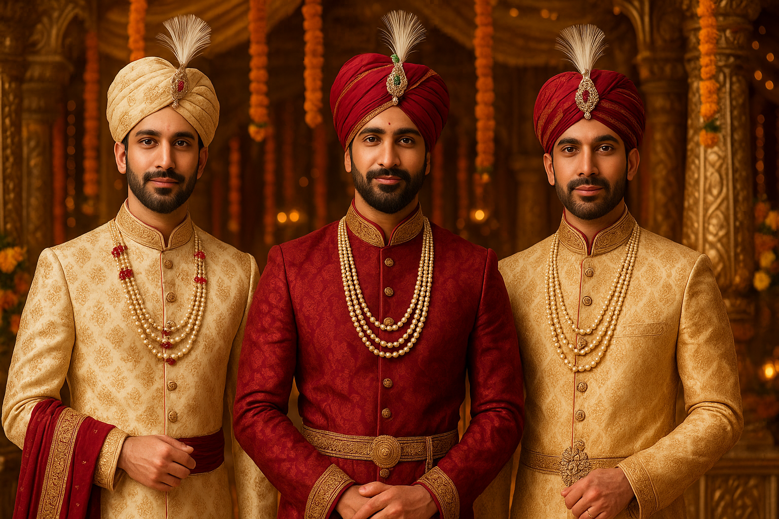  Create a banner of dulhas wearing sherwani safa and other wedding asscories with wedding backgrounf