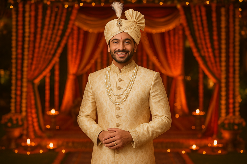  Create image of dulha's ready in indian groom attire with wedding related backgrounf