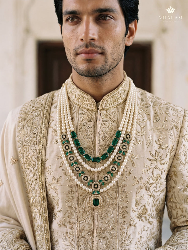 Emerald Green Pendant & Ivory Bead Dulha Mala, view 1