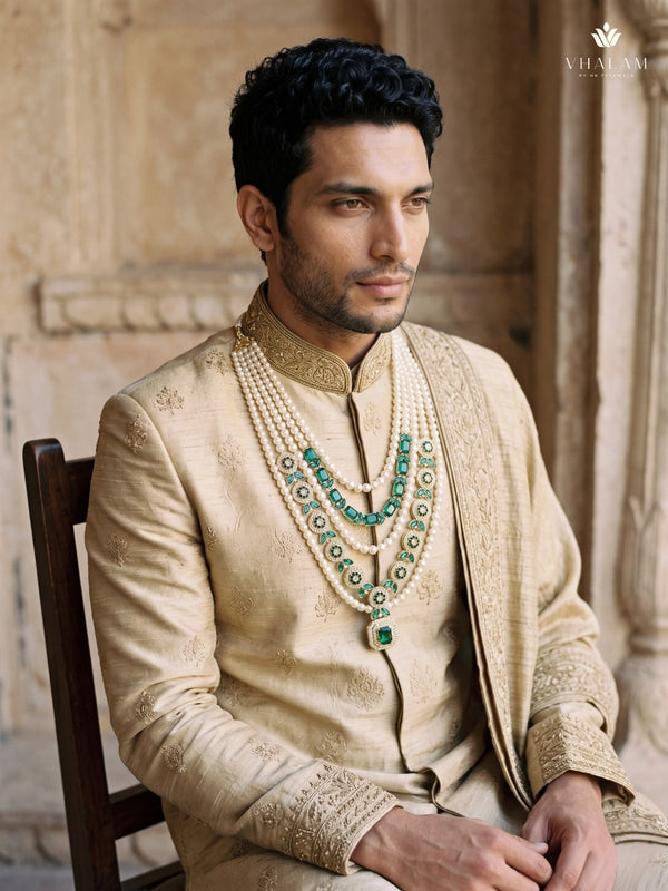 Emerald Green Pendant & Ivory Bead Dulha Mala, view 7