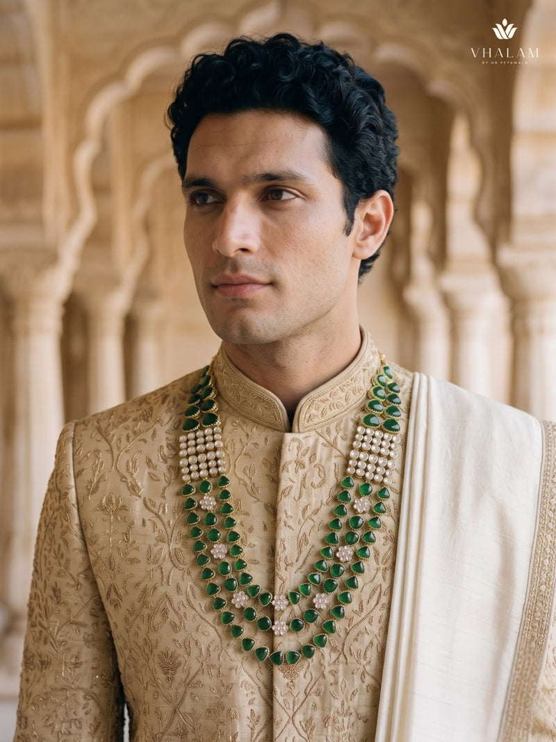 Emerald Green Teardrop & Ivory Bead Panel Dulha Mala, view 1