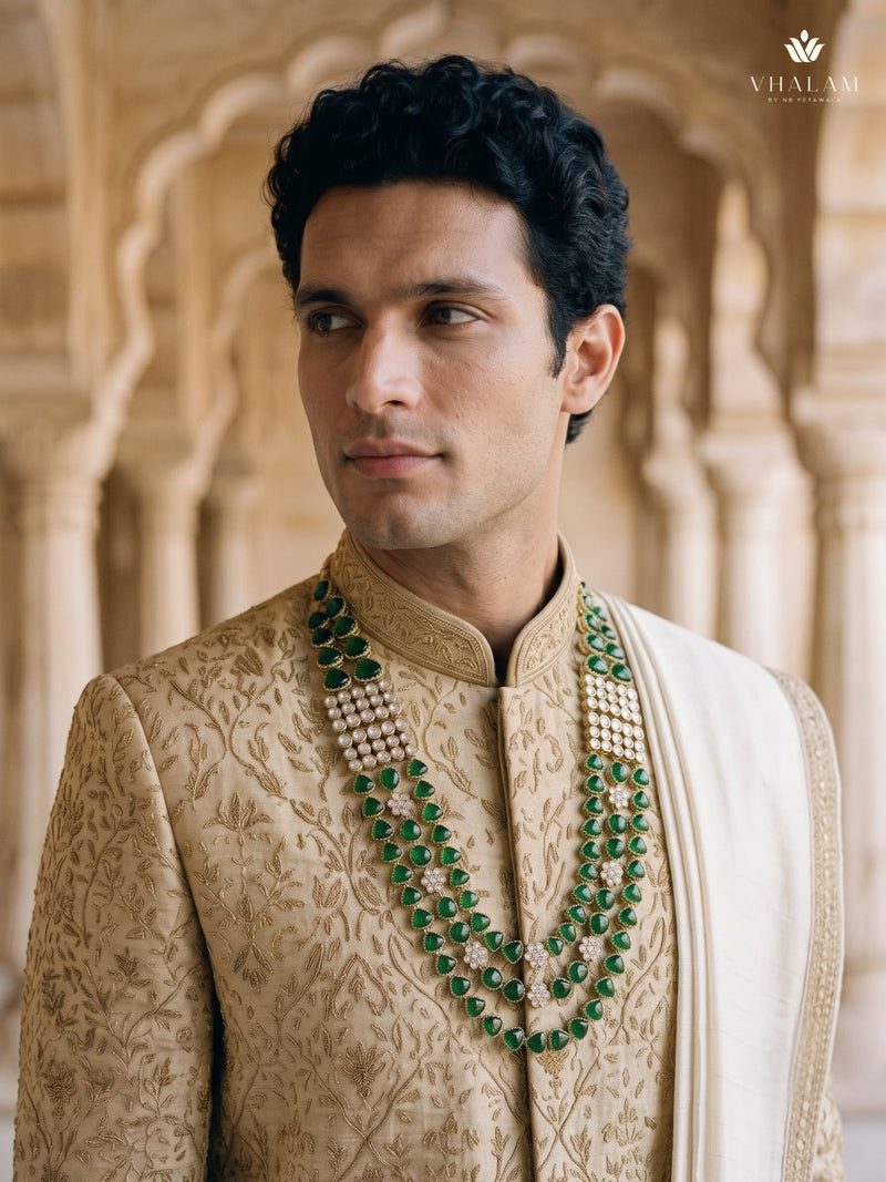 Emerald Green Teardrop & Ivory Bead Panel Dulha Mala, view 4