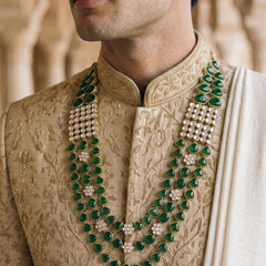 Emerald Green Teardrop & Ivory Bead Panel Dulha Mala, view 7
