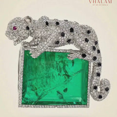 Royal Panther Emerald Green Stone Ceremonial Silver Brooch