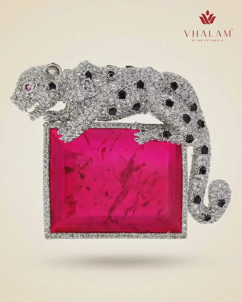 Royal Panther Pink Stone Ceremonial Silver Brooch