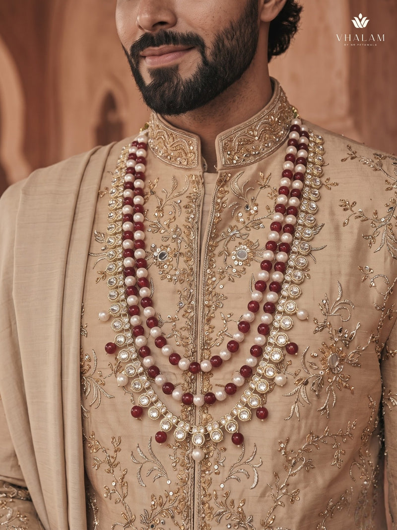 Ruby Red & Ivory Bead Layered Dulha Mala, view 6