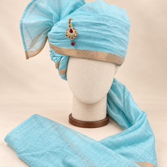 Front view of aqua gold border premium barati safa showing the gold-tone border and broad fan