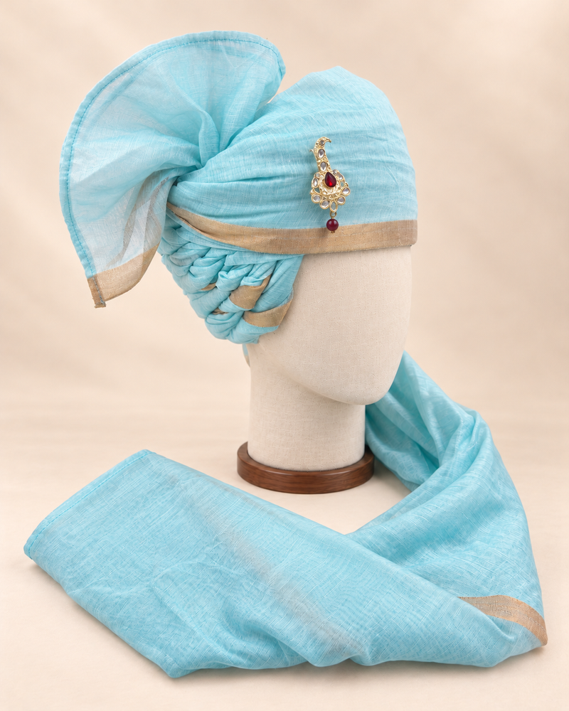 Right side view of aqua gold border premium barati safa showing the twisted folds and fan detail