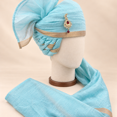 Right side view of aqua gold border premium barati safa showing the twisted folds and fan detail
