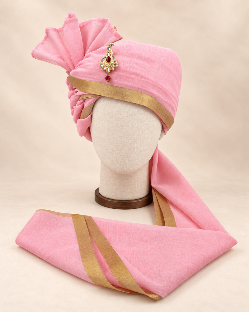 Front view of baby pink gold border premium barati safa showing the gold-tone border and broad fan