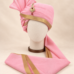Front view of baby pink gold border premium barati safa showing the gold-tone border and broad fan