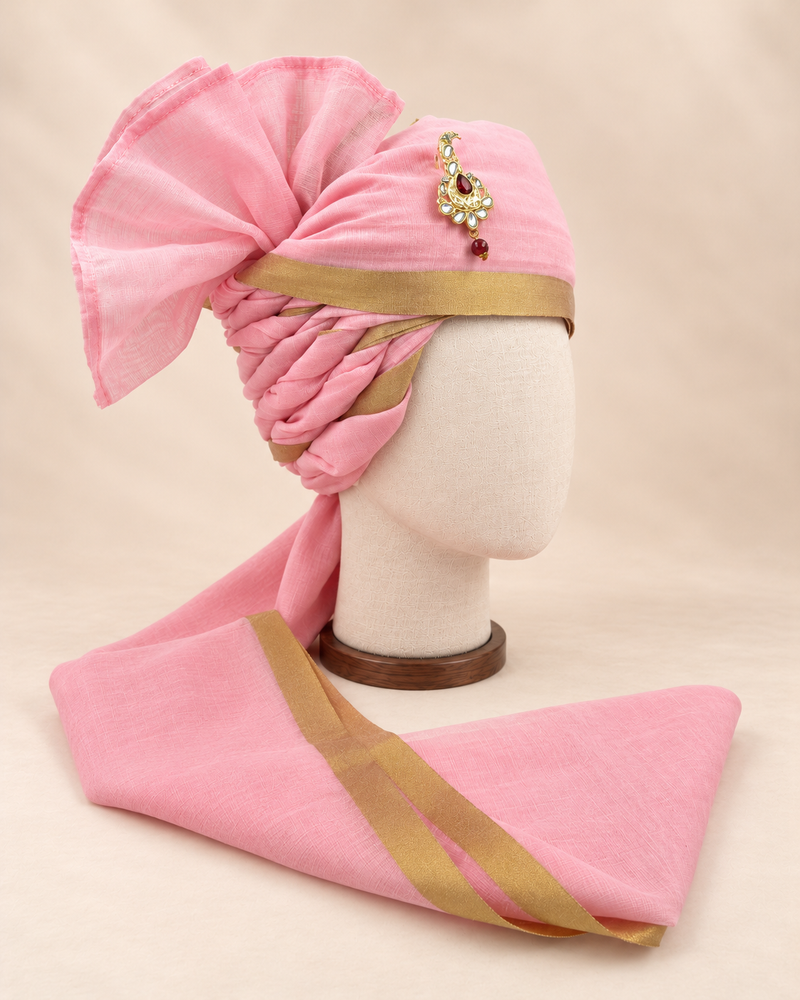 Right side view of baby pink gold border premium barati safa showing twisted folds and fan detail