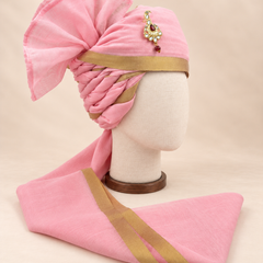 Right side view of baby pink gold border premium barati safa showing twisted folds and fan detail