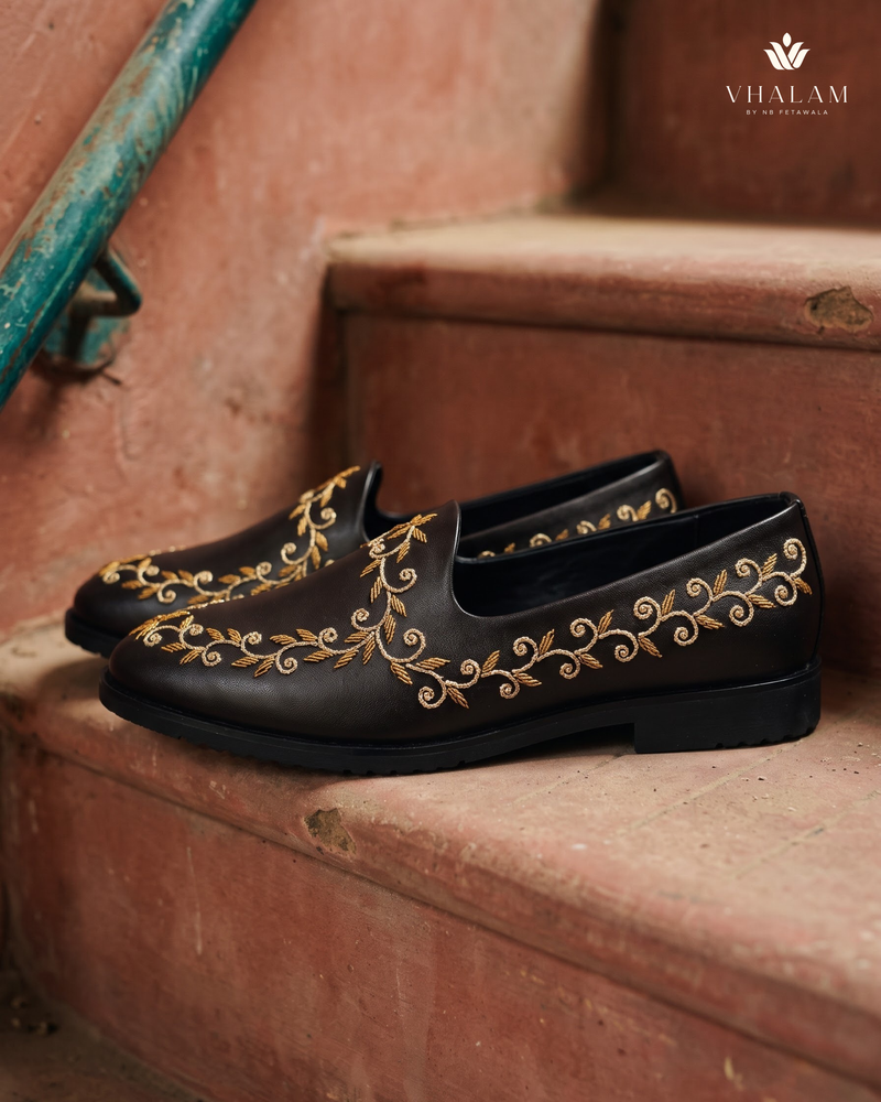 Black Gold Vine Embroidered Wedding Loafers | styling view 2