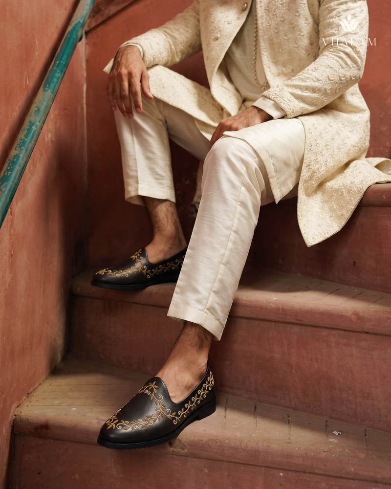 Black Gold Vine Embroidered Wedding Loafers | styling view 4